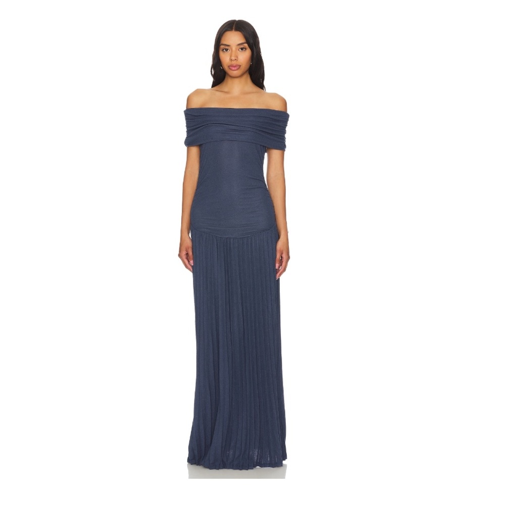 Lioness Field of Dreams Off Shoulder Dress in Navy Blue
